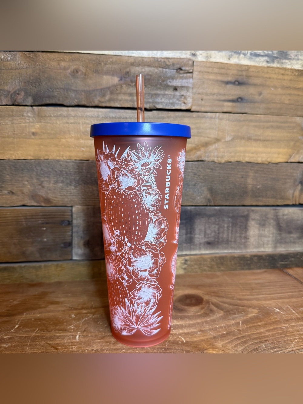 Starbucks Matte Coral Pink Cactus Venti 24 Oz Tumbler w/ Straw Travel Cup RARE